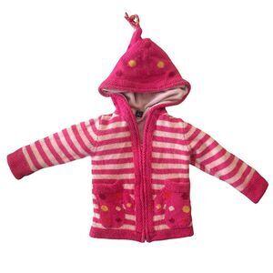 Gap Toddler 4T Pink Striped Knit Hoodie Sweater w/ Polka Dot Mittens Pockets